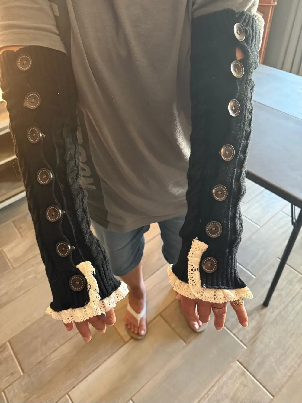 Black Knit Button sleeve Warmers with Lace Trim or leg warmers.